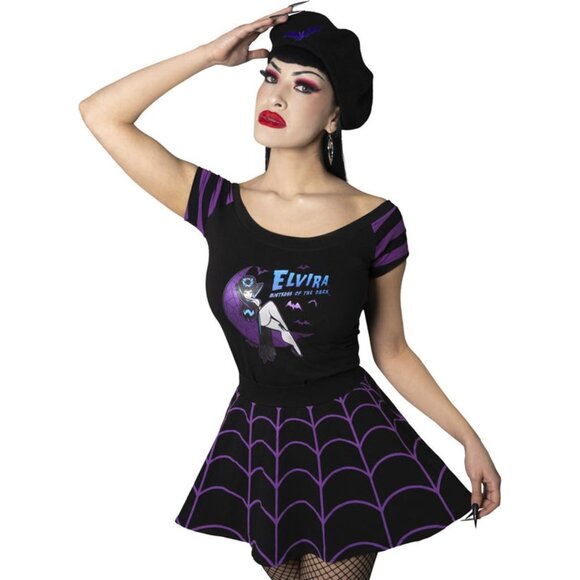 Elvira Glitter Moon Black Purple Stripe Off Shoulder Top Tee S-M-L-XL-2XL-3XL - Picture 3 of 4